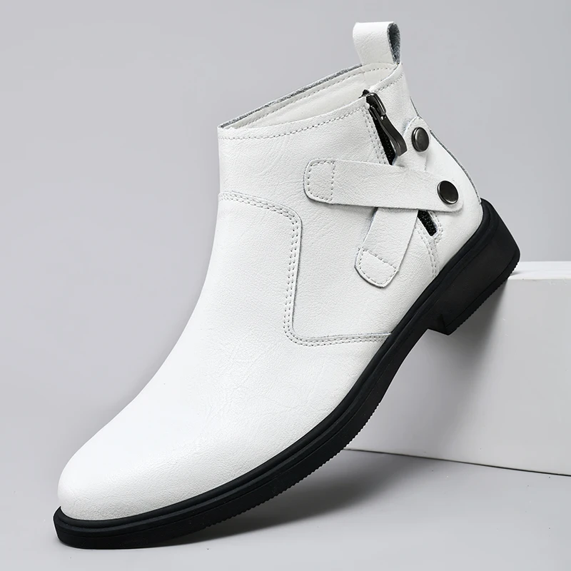 British Style New White Chelsea Mens Boots Luxury Brand Round Toe Low Heel Ankle Boots Side Zipper Business Formal Leather Boots