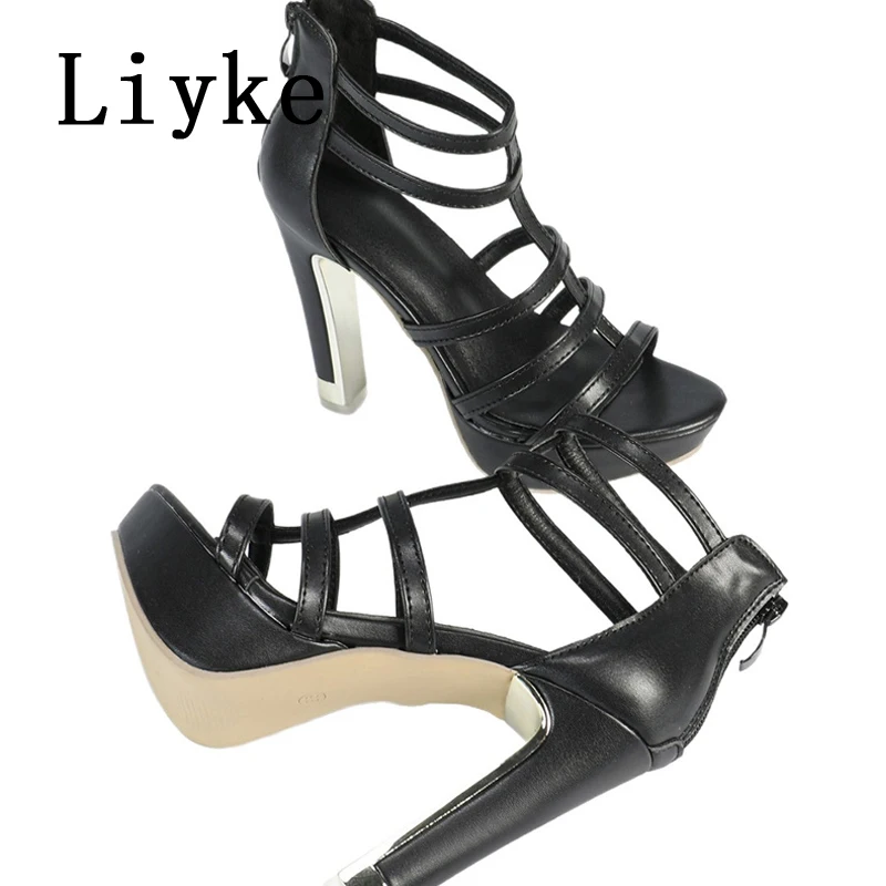 Liyke Summer Fashion Narrow Band Open Toe Ankle Zip Cover Strap Women Platform Sandals Gladiator High Heels Shoes Zapatos Mujer