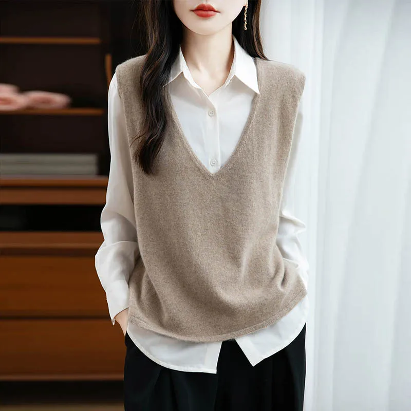 

Women Wool Vest Autumn Winter V-neck Sleeveless Pullover Sweater Cashmere 100% Merino Wool Knitwear Waistcoat Chic Clothing Tops