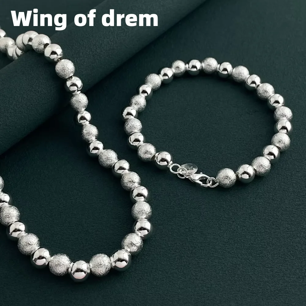 

Women's 925 Sterling Silver 10mm Buddhist Frosted Beads Bracelet And Necklace Jewelry Set Daily Wear Fashion Accessory