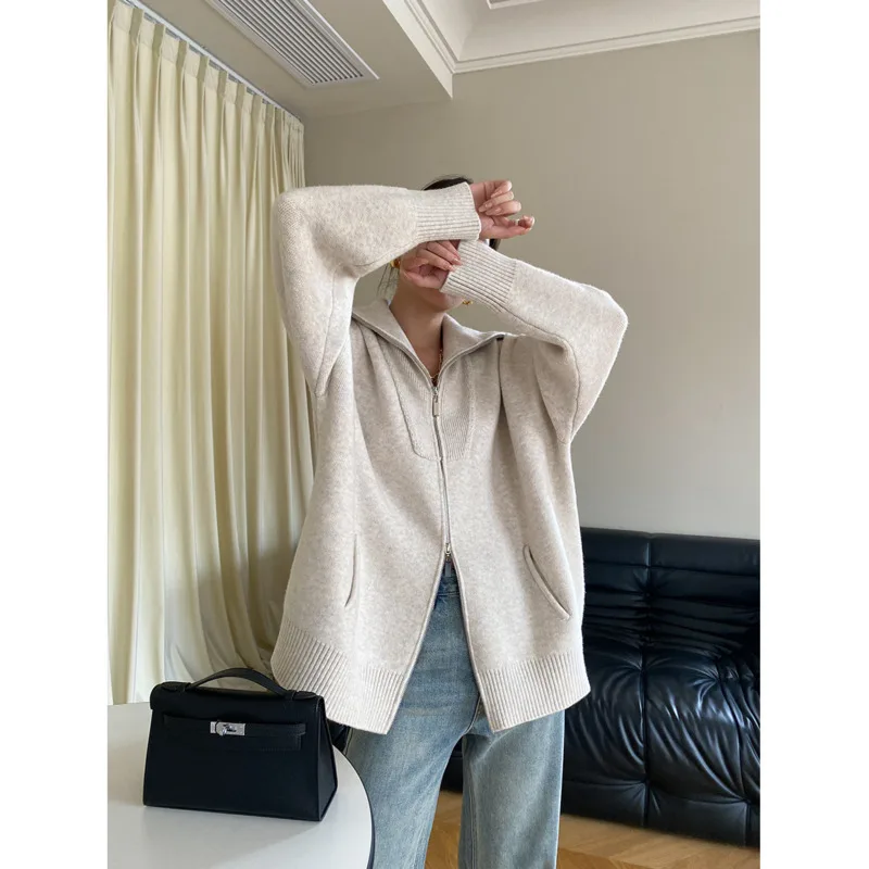 Winter Double Zipper Sweater Cardigan Women Turn Down Collar Loose Polo Long Sleeve Wool Blend Knitted Tops