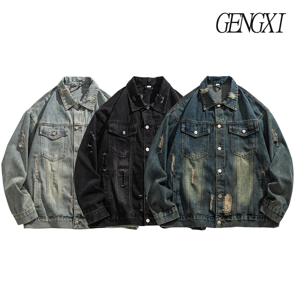 

Винтажная потертая джинсовая куртка в американском стиле, мужская свободная куртка с лацканами High Street, модная мужская одежда