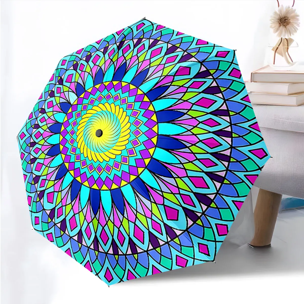 1PC Colorful Geometric Umbrella Design Print 8 Iron Ribs Folding Umbrella Auto-Open Fashion Sunshade
