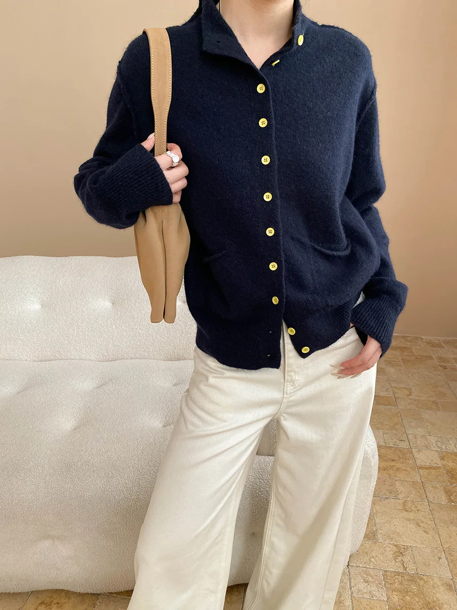 Cárdigan de punto adelgazante suelto con un solo pecho y cuello levantado con diseño de nicho de color sólido informal para mujer