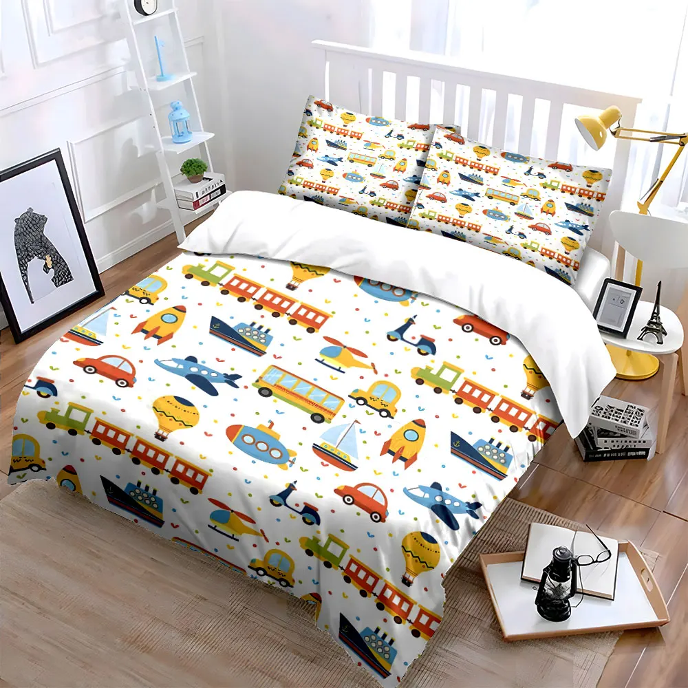 Transportation Pattern Three-Piece Set Soft Skin-Friendly Bedding Set Includes 1 Duvet Cover And 2 Pillowcase, Gift