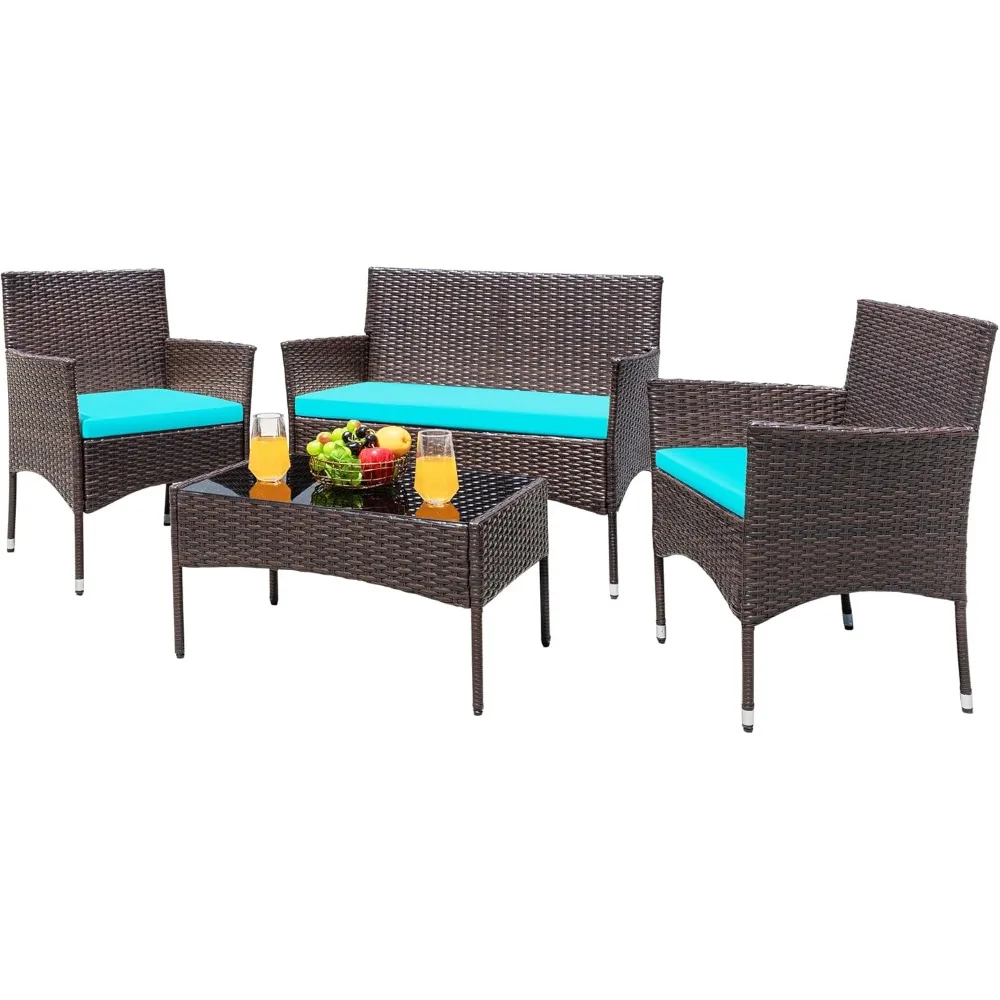 

Patio Furniture 4 Pieces Conversation Sets Outdoor Wicker Rattan Chairs Garden Backyard Balcony Porch Poolside loveseat with Cu