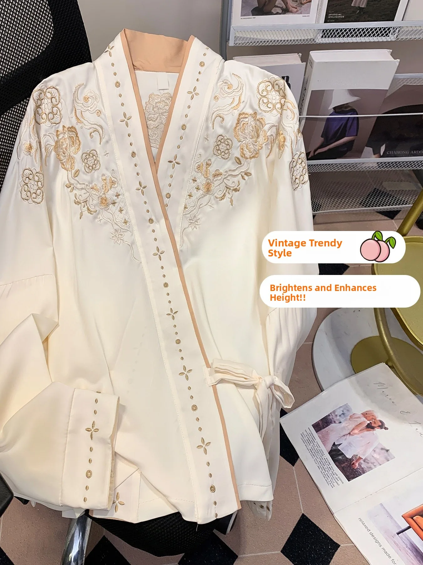 

Ele Korean Chinese Sle Embroidered irt Women's Heavy Work Spring Slimming Top High Waist Long Sve V-Ne Casual Wear