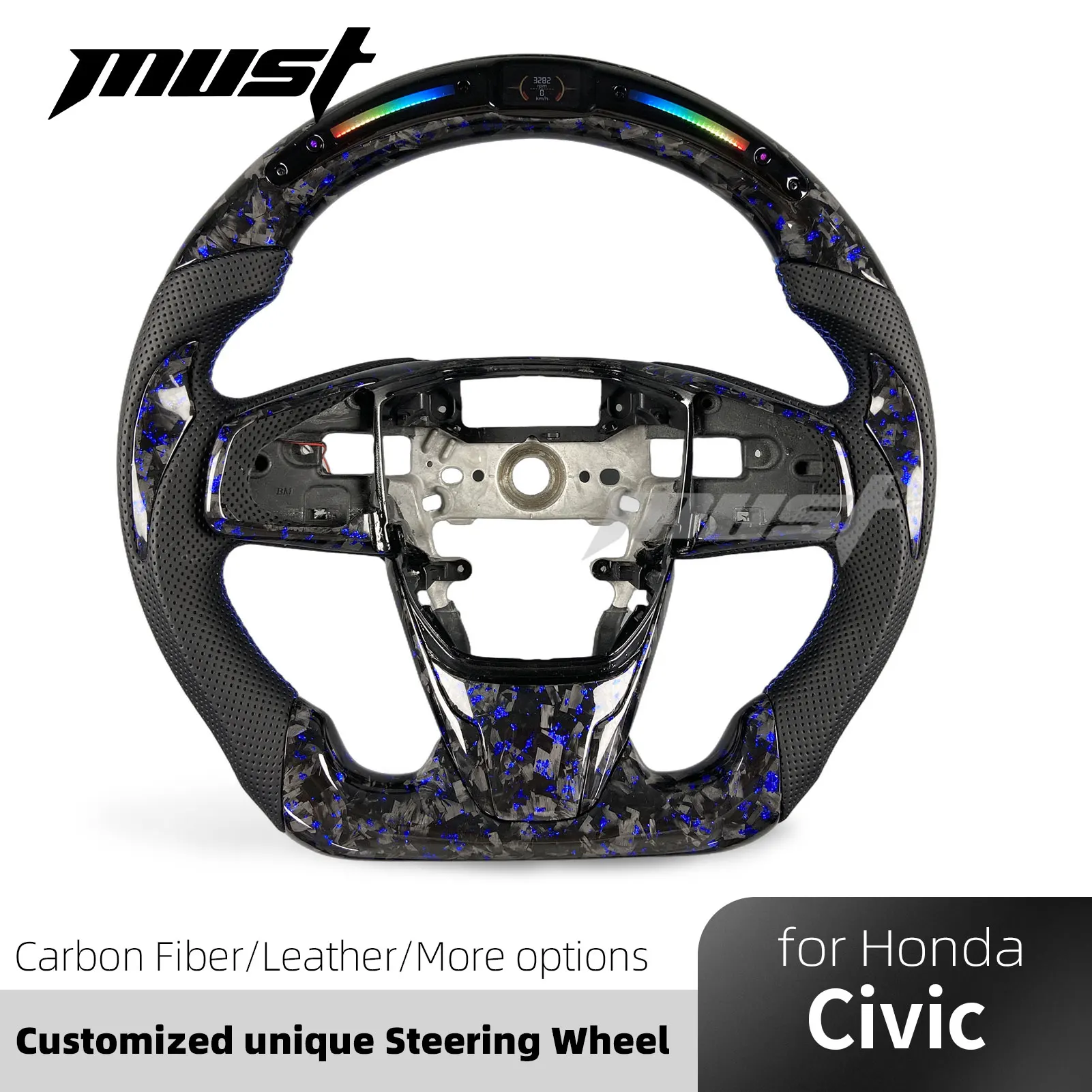 Custom LED Blue Flake Forged Carbon Fiber Steering Wheel for Honda Civic 10th Gen FK8 Type R Si Coupe CR-V EX LX 2016-2021