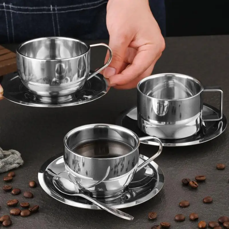 3 Teile/satz Edelstahl Kaffeetasse Milch Tasse Und Untertasse Mit Untertasse Matte Löffel Griff Leicht Zu Reinigen Wiederverwendbare 170/200/250/280 ml
