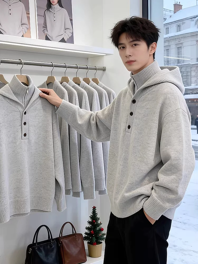 

Мужской свитер с высоким воротником и капюшоном, осенне-зимний, повседневный, на молнии, вязаный, в американском стиле, мягкий, удобный, из нейлона