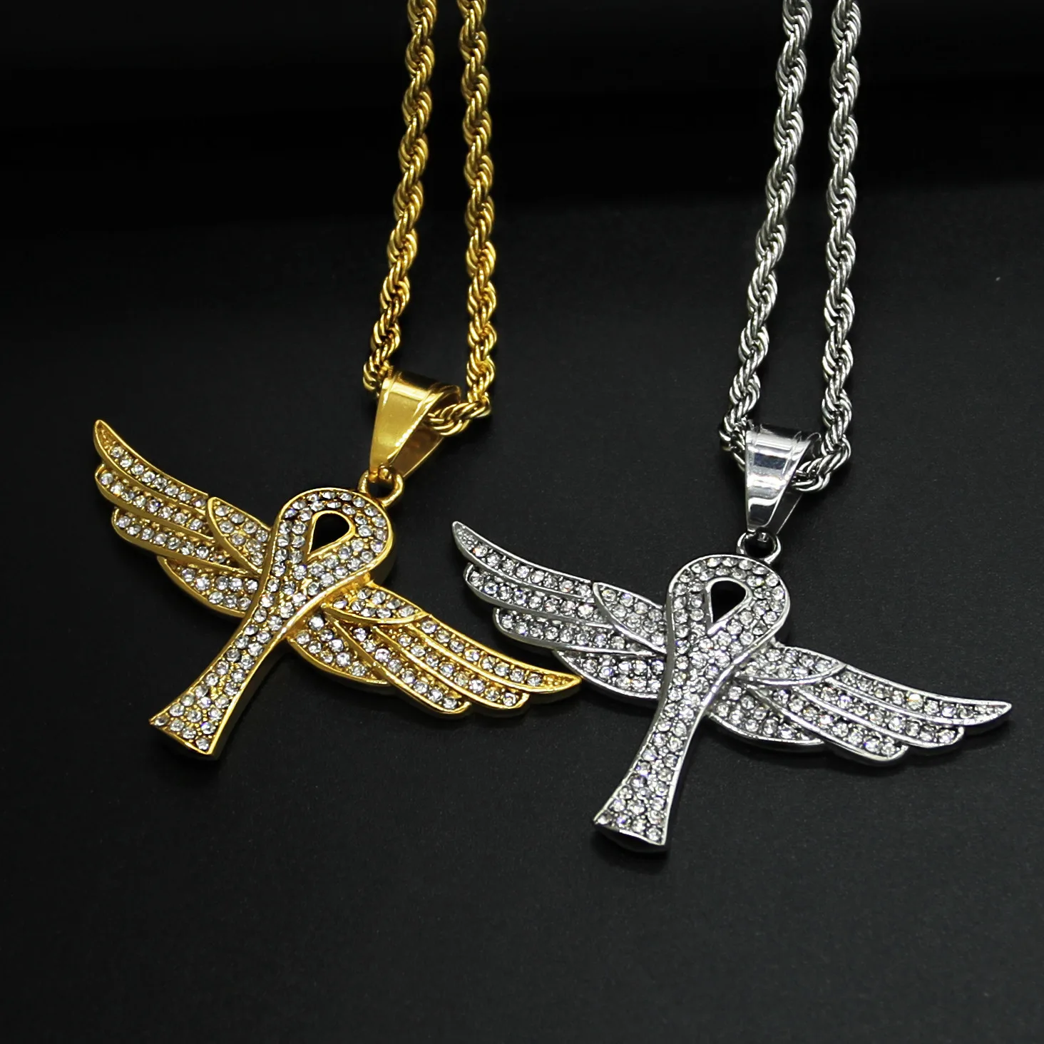 

Hip-hop new style necklace 316 stainless steel pendant Anka Wing cross Zircon gold pendant fashion and retro man's necklace gift
