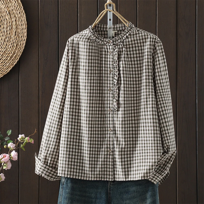 

Loose Plaid Cotton Shirt Women's Spring Autumn New Style Artistic Floral Lace Collar Big Size Breathable Long Sleeve Shirt