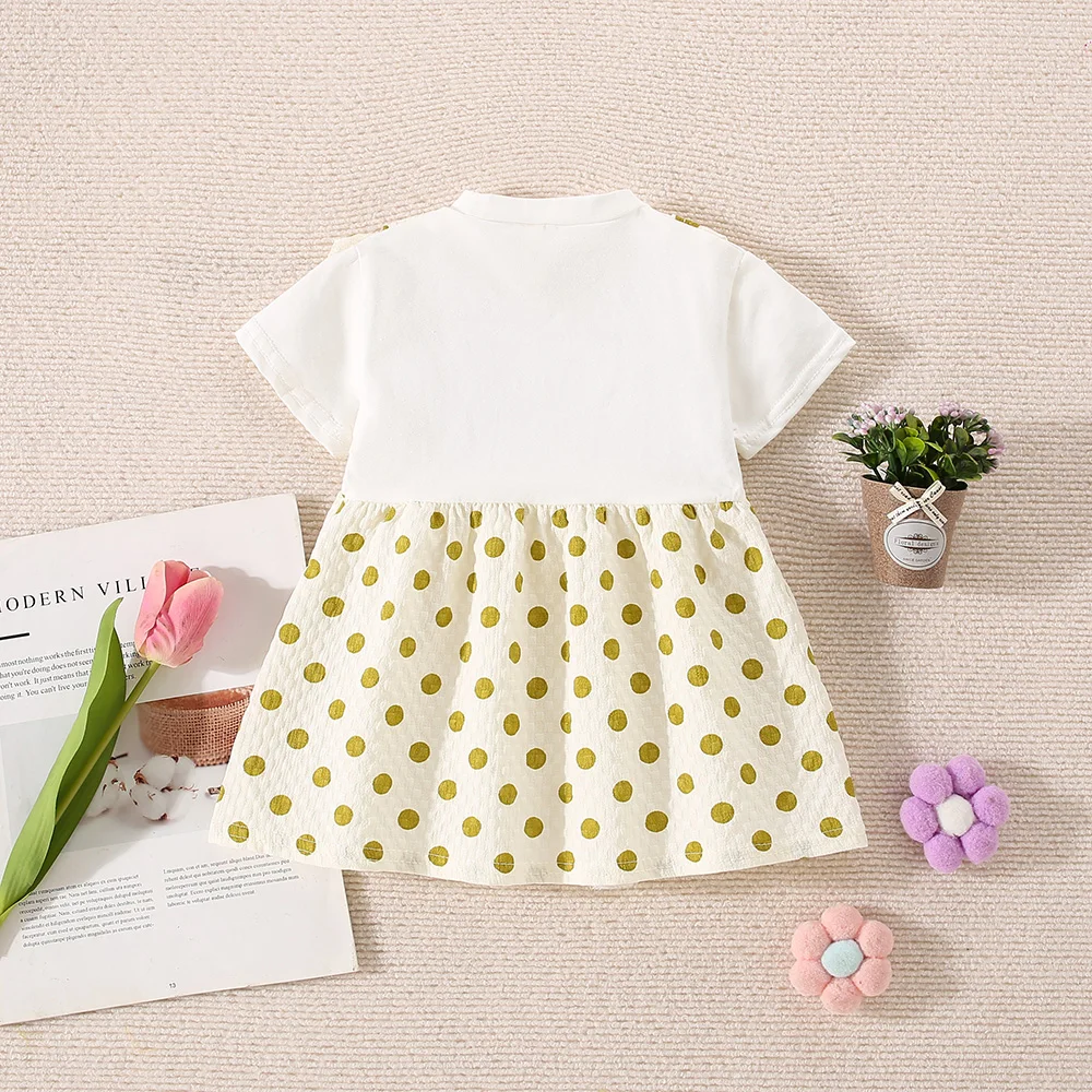 Summer Baby Girl Dress New White Short Sleeved Top Polka Dot Small Flying Sleeve Dress Fake Two Pieces For Girls