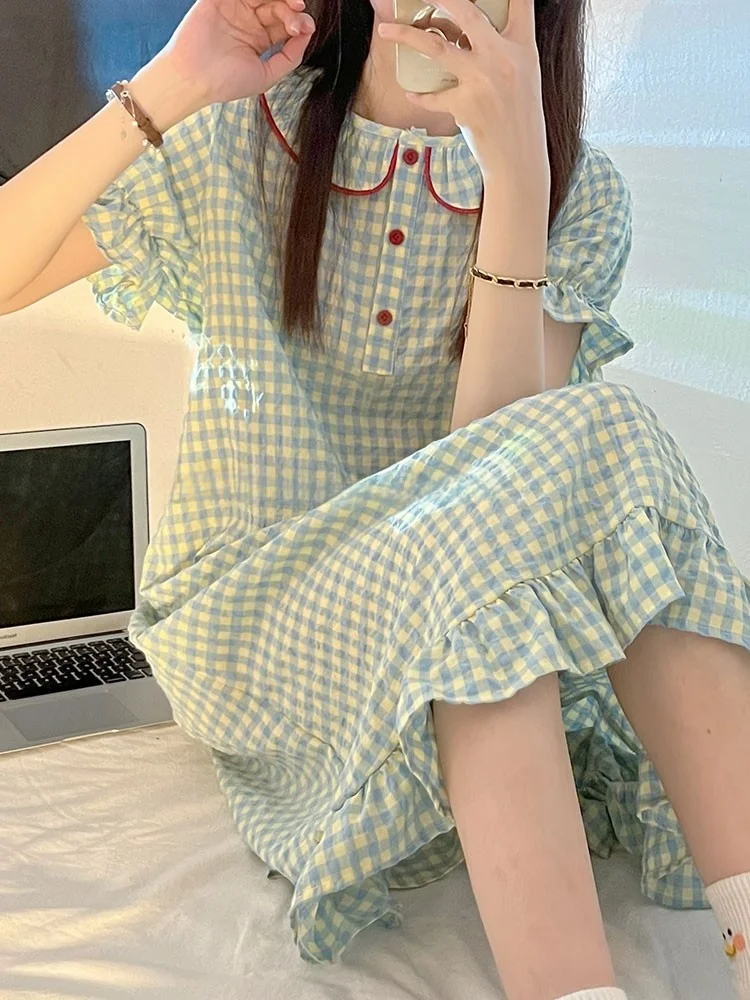 

Sweet Plaid Sp Dr Long Doll Collar ort Sve Lightweight Home Clothes Can Be Worn outside Comfortable Cotton Polyest...