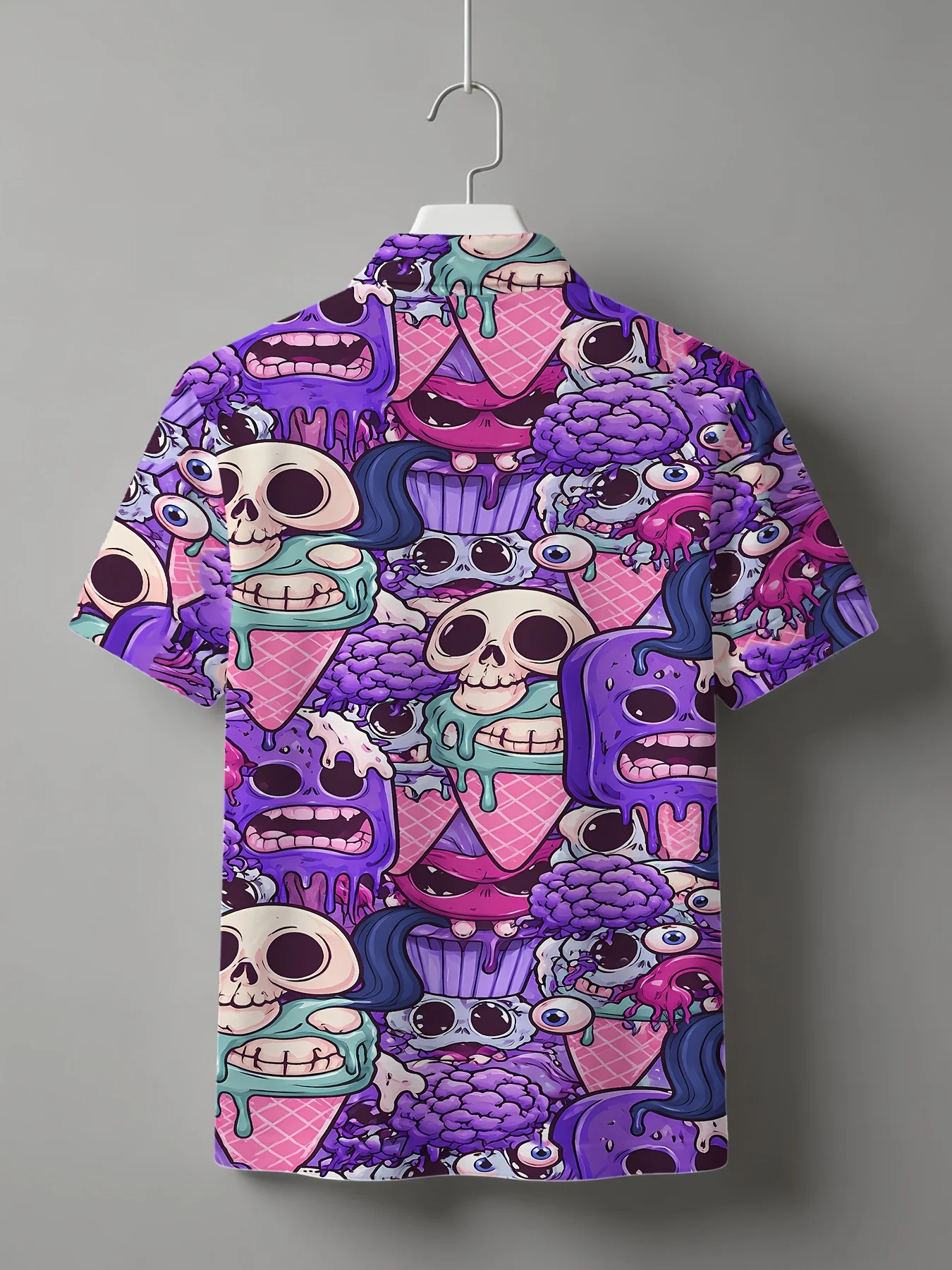 Men Short Sleeve Shirt Purple Cartoon Zombie Skull Ice‑Cream Print Turn‑Down Collar Hawaiian Halloween Casual Tops