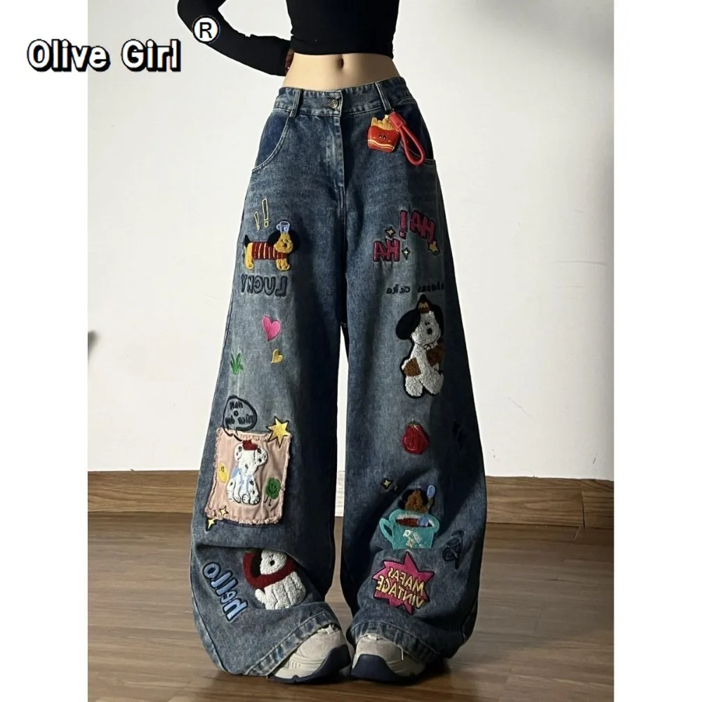 Olivegirl 2026 American Cartoon Embroidered Denim Jeans for Men Women Loose Slim Wide Leg Straight Pants Cute Women's Fashion