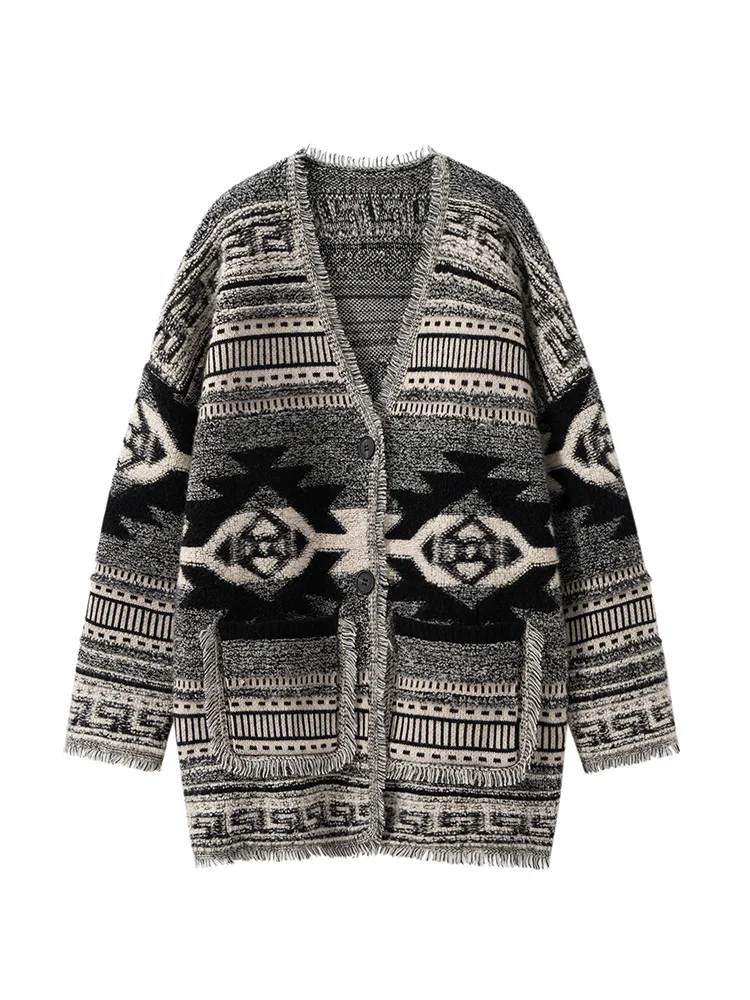 البوهيمي المرأة سترة سترة 100% الكشمير الخامس الرقبة الخريف الشتاء سميكة معطف شتاء منشفة التطريز الفرنسية شيك متماسكة معطف #3