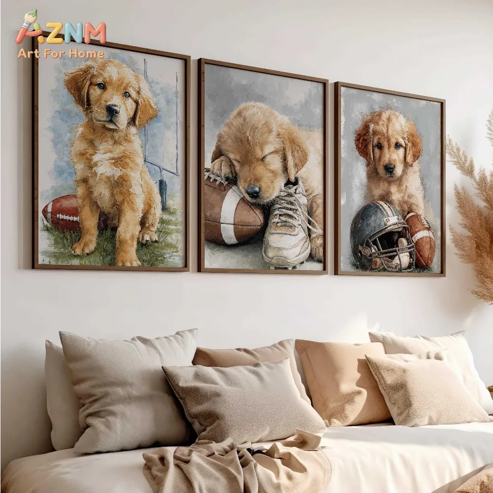 AZNM  Watercolor Golden Retriever Football Canvas Wall Art, Cute Puppy Helmet Sneaker Print Frameless Canvas Painting, Sports