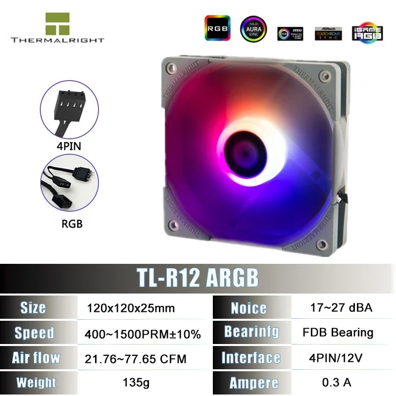 Thermalright TL-R12 120mm RGB Quiet PWM Fan Computer Case 1500rpm CPU Radiator PC Cooling Fan Black/White 120x120x25mm