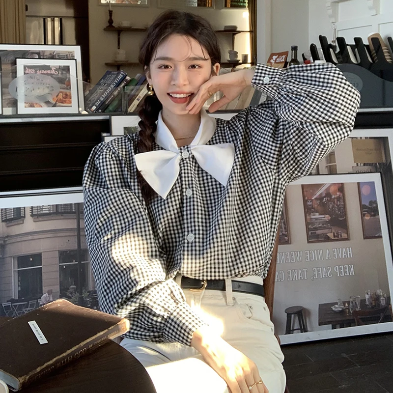 

2024 Spring Plaid Blouses Ribbon Chiffon Shirts Japanese Solid Color Slim Elegant Feminino Camisas Autumn