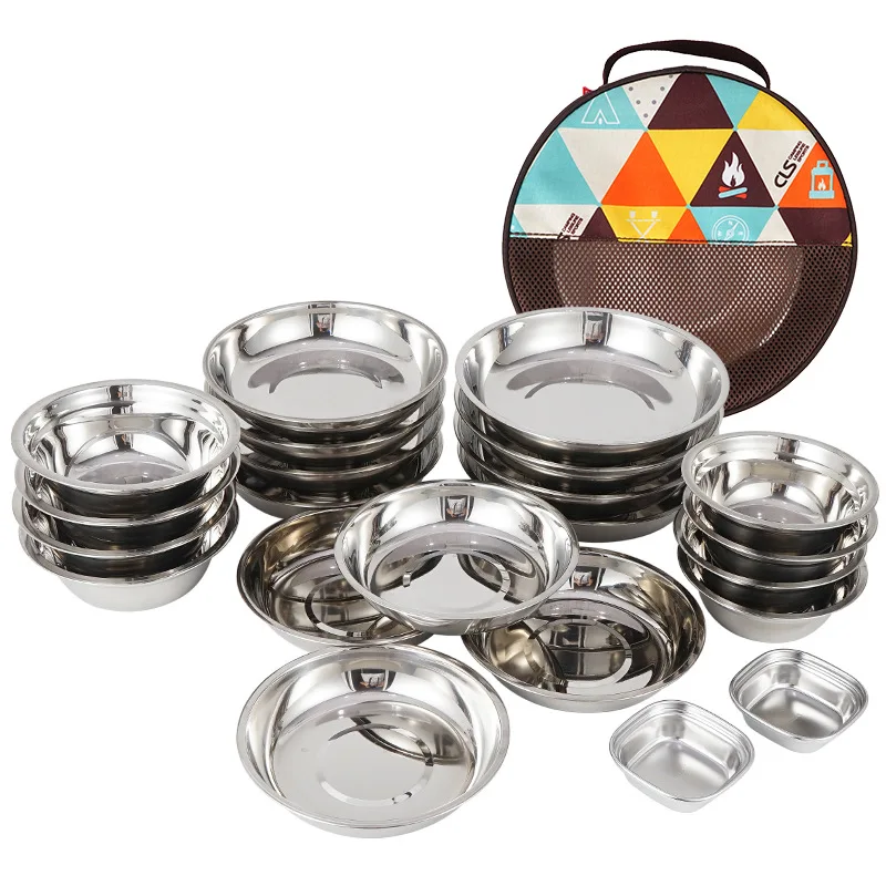 

22Pcs/Set Portable Backpacking Stainless Steel Tableware Barbecue Picnic Plate Bowl Dinnerware for Outdoor Camping Tourism