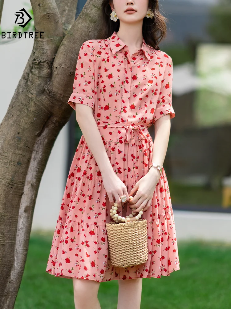 

BirdTree, 100%Real Silk Elegant Dress, Women Short Sleeve Lapel Floral Print, Fashion Office Dresses, 2024 Summer Fall D46685QM
