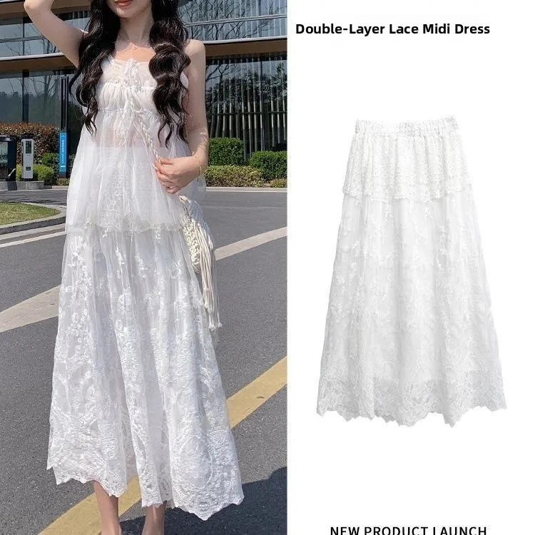 Heavy Embroidery Lace White Hollow out A-Line Women's Skirt Summer New Style Half-length Long Draping Sensation Skirt