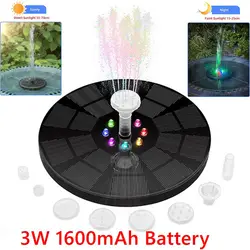 Solar Floating Fountain Water Pump com luzes LED coloridas para Bird Bath 3W 1600mAh Bateria para Jardim/Lagoa/Piscina/Fish Tank Decor