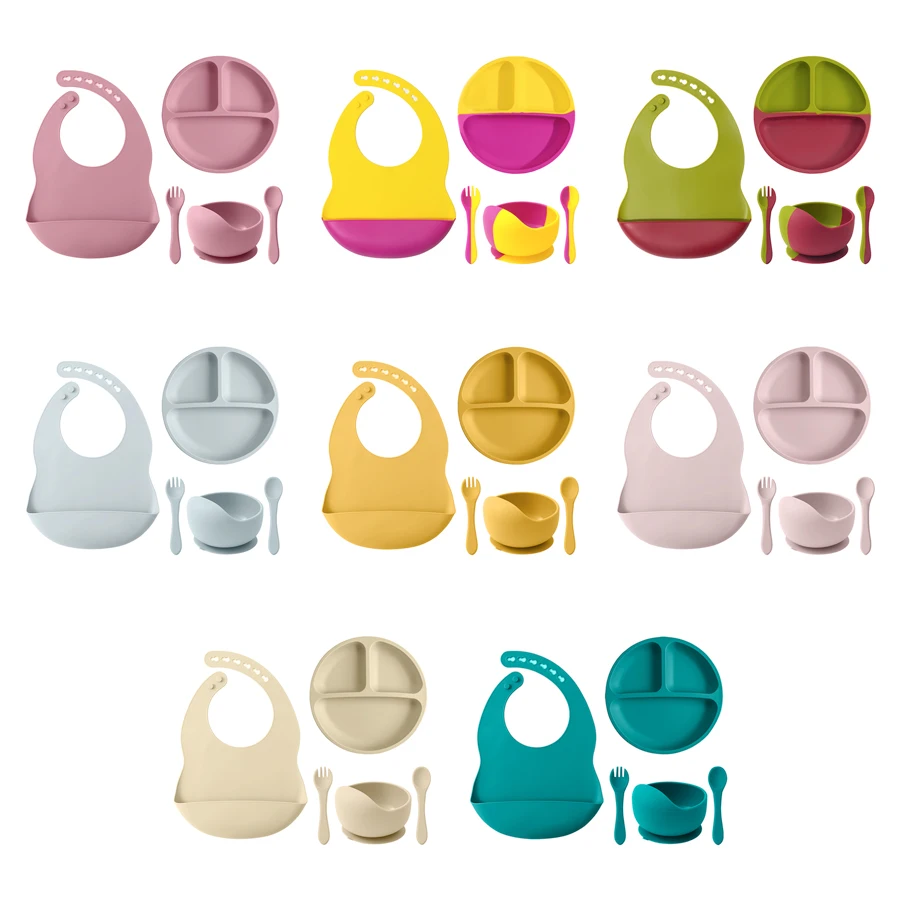 5PCS Siliconen Baby Servies Set Zuig Kom Kleurrijke Bib antislip Drie Raster Plaat Draagbare Lepel Vork baby Diner Set