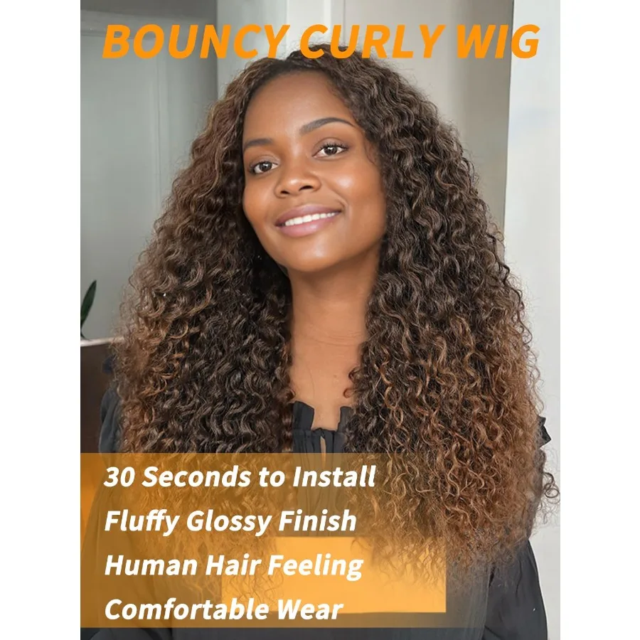 أومبير براون مجعد شعر مستعار اصطناعي 24 بوصة غلويليس مجعد الاصطناعية الدانتيل شعر مستعار أمامي ترقية مع شعور الشعر البشري الألياف موجة عميقة