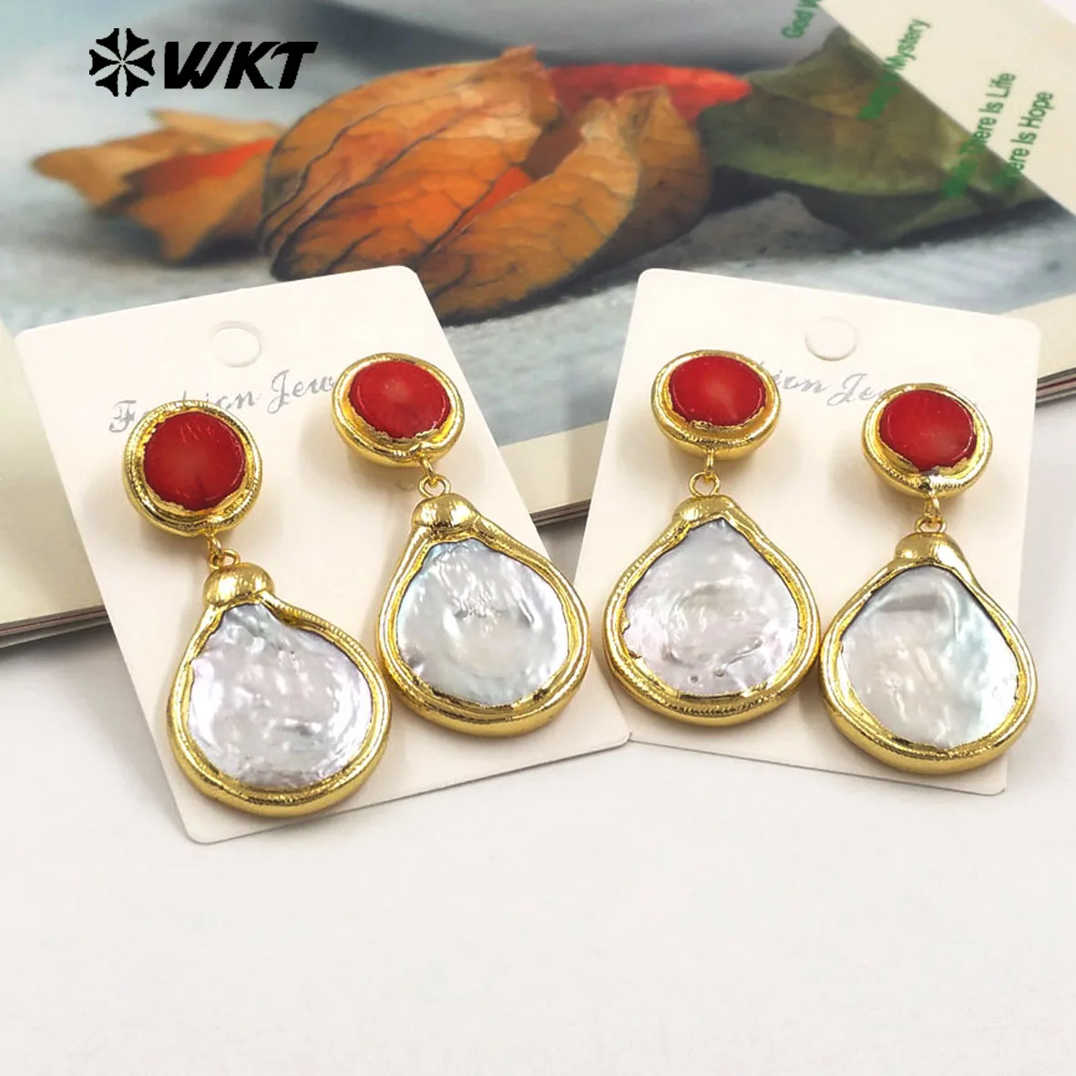

WT-MPE141 Hot Selling Freshwater Pearl Waterdrop Shape With Red Coral 18k Gold Plated Mid Length Earring For Women Sweater Acc