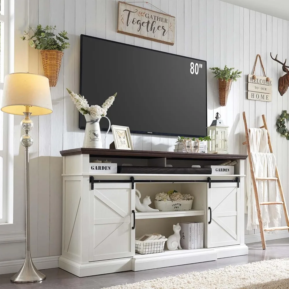 Farmhouse TV Stand for 80 Inch TVs, 37.4 Tall Entertainment Center w/Storage Cabinets and Sliding Barn Door, Media Console Cabin