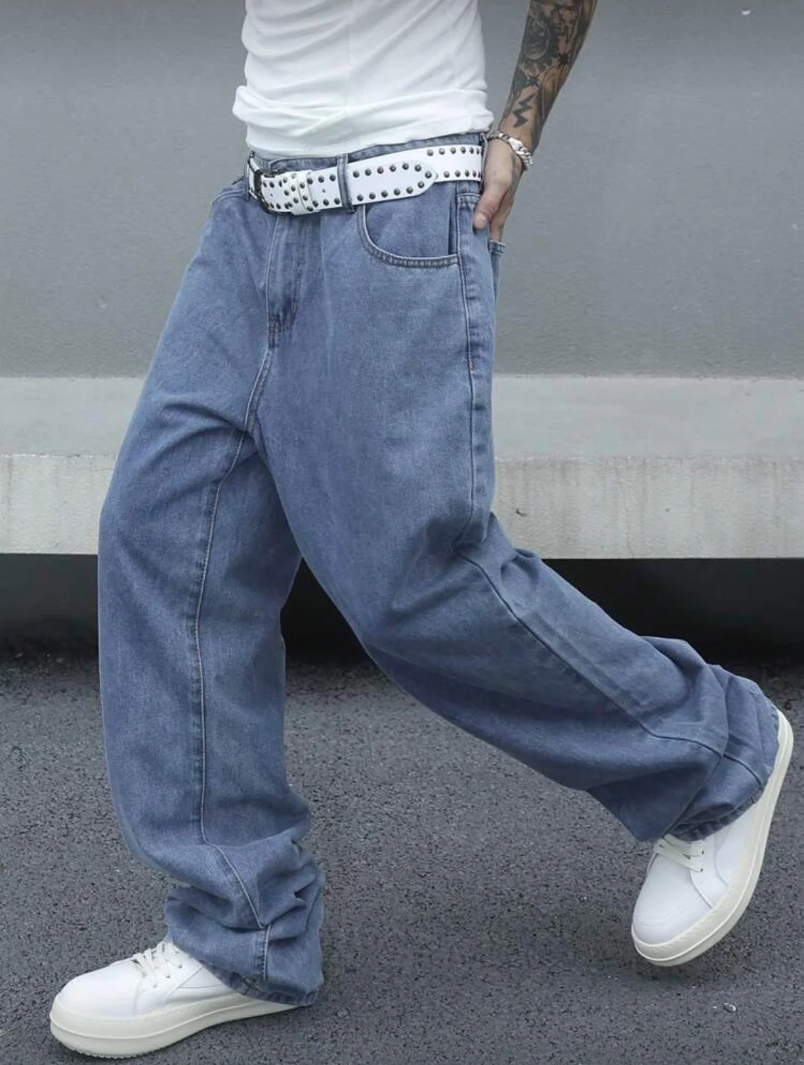 Vintage losvallende gewassen blauwe jeans voor heren, denimbroek met wijde pijpen en rechte pijpen, casual retrostijl, lichtblauw, comfort voor het hele seizoen