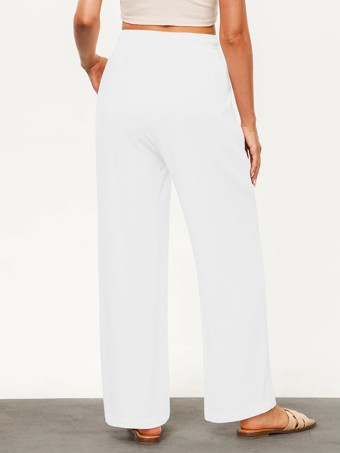 Einfarbige, lockere, weit geschnittene Hose für Damen, lässige, gerade Hose mit Kordelzug, lässige Hose mit Taschen, lockere Hose mit hoher Taille – Detail 8