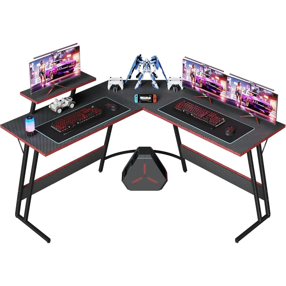 L Shaped Gaming Desk, 51 Inch Computer Corner Table with Large Monitor Stand & Carbon Fiber Surface for Home Office Study