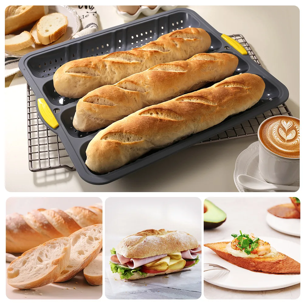 4-slot large silicone baguette mold with iron frame  won't deform  non-stick with holes  easy to release French bread baking pan