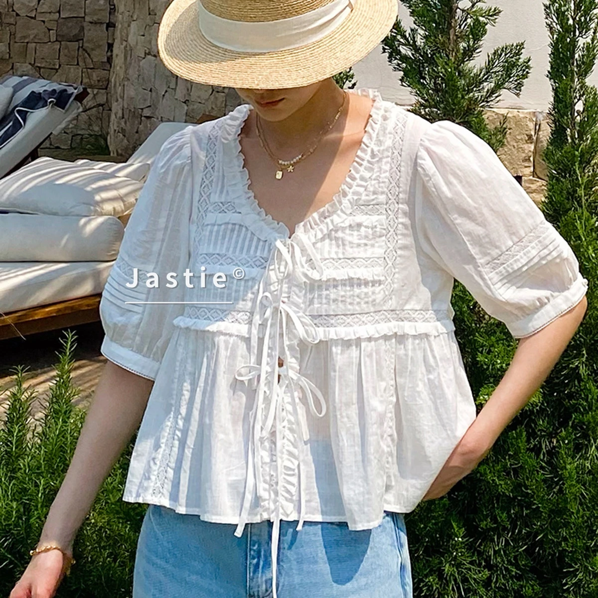 

French Sweet White Ruffle Lace Blouse Women Summer Kawaii Bow Tie Front Puff Sleeve Crop Tops Chic Embroidery Cotton Shrug New