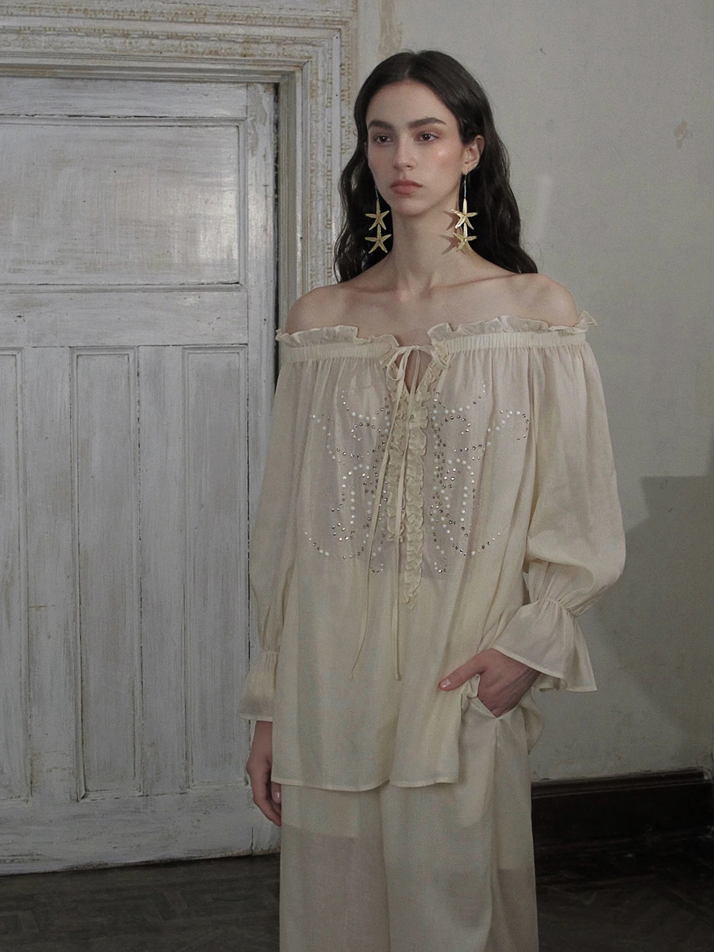 

CARIEDO Star Trace Autumn High Waist iny Diamond Lyocell Skin-friendly Wide Leg Pants One oulder Top Women's irt