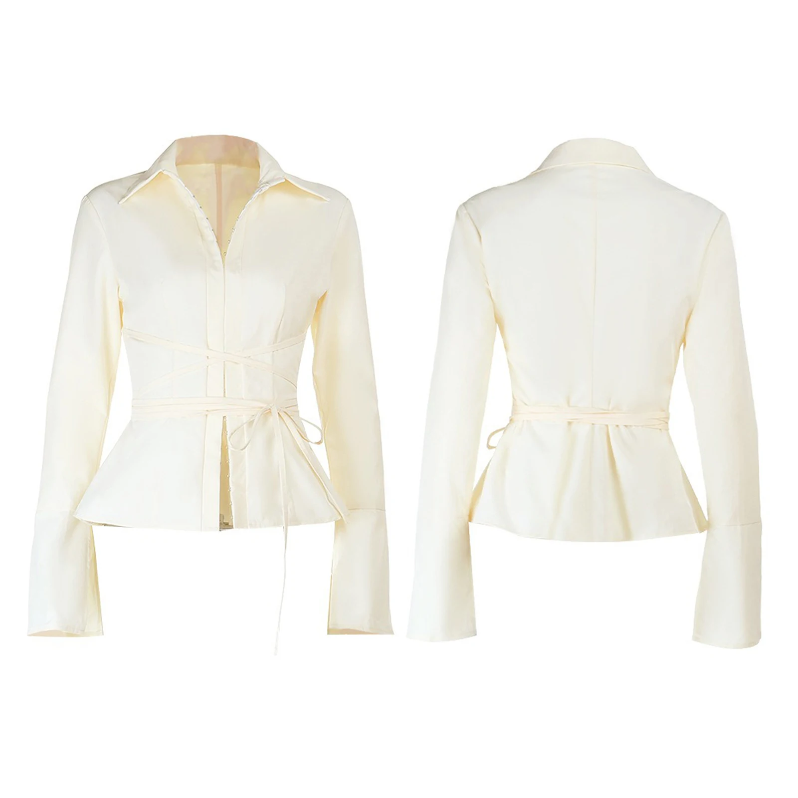 Lady Communting Clothes Womens Elegant Blouse Flared Slim Shirt Long Sleeve Lace-up Closure Tops Office Blouses Lady Clothing