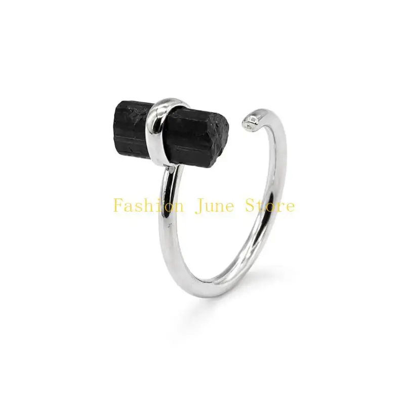 N5KA Fashion Ring with Black Stone Centerpiece and Open Adjustable Band