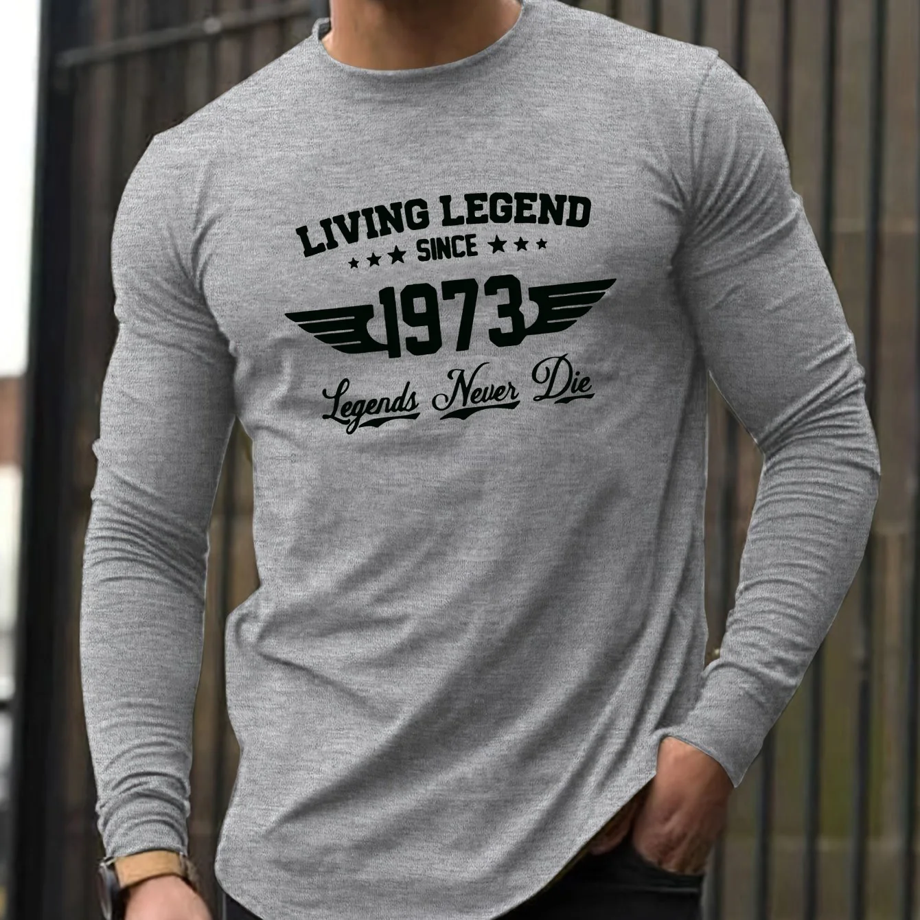 Men's 100% pure cotton loose fit comfortable casual sports SINCE1973 pattern printed round neck long sleeved T-shirt top view 3
