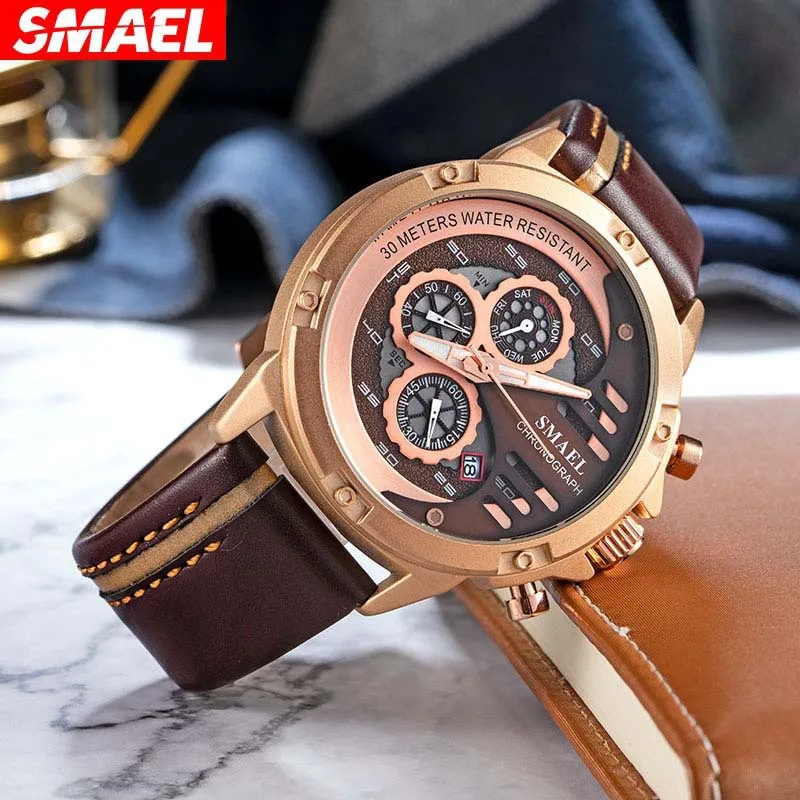 Smael Smael مضيئة شخصية العصرية ساعة كوارتز مقاوم للماء متعددة الوظائف ساعة رياضية للرجال