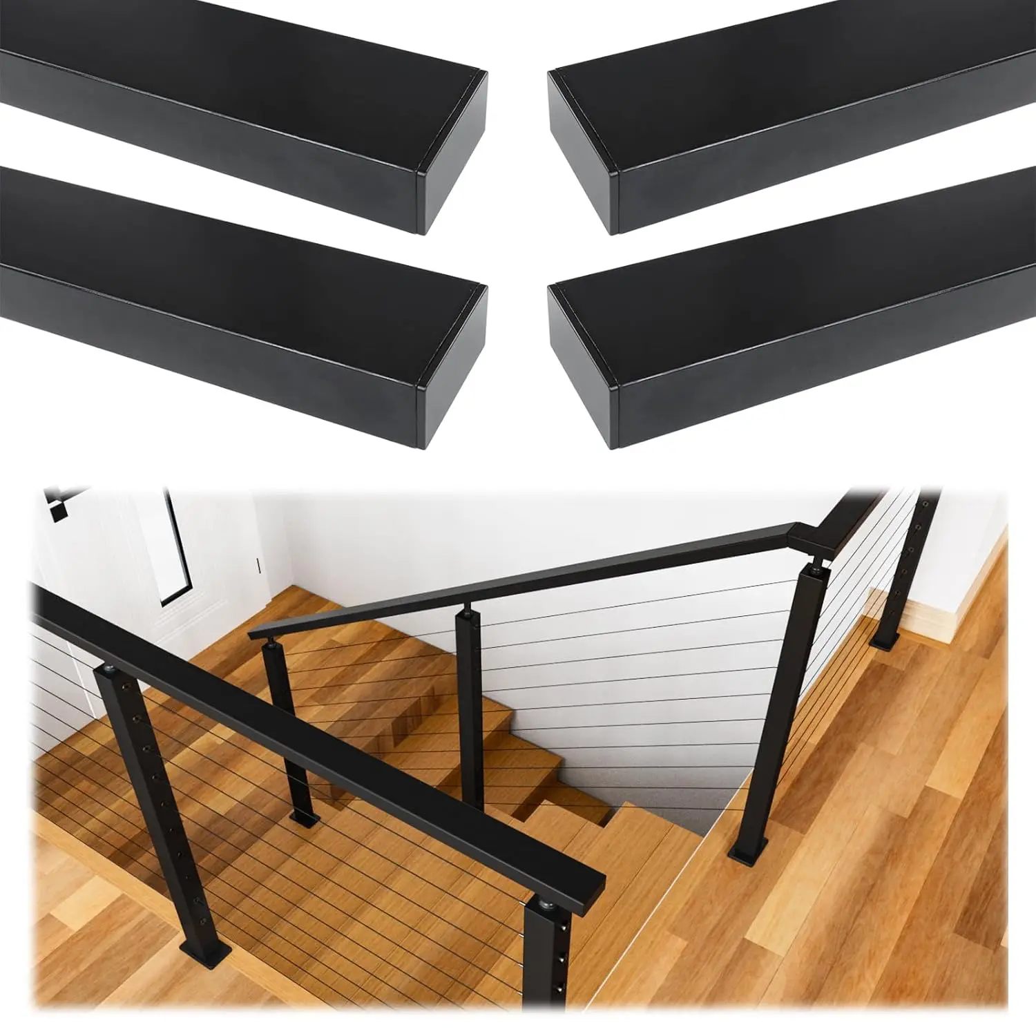 4PACK 6'6"  Steel Handrail Black Rectangular Handrail Top Rail Cable Railing System Cable Railing Handrail Deck