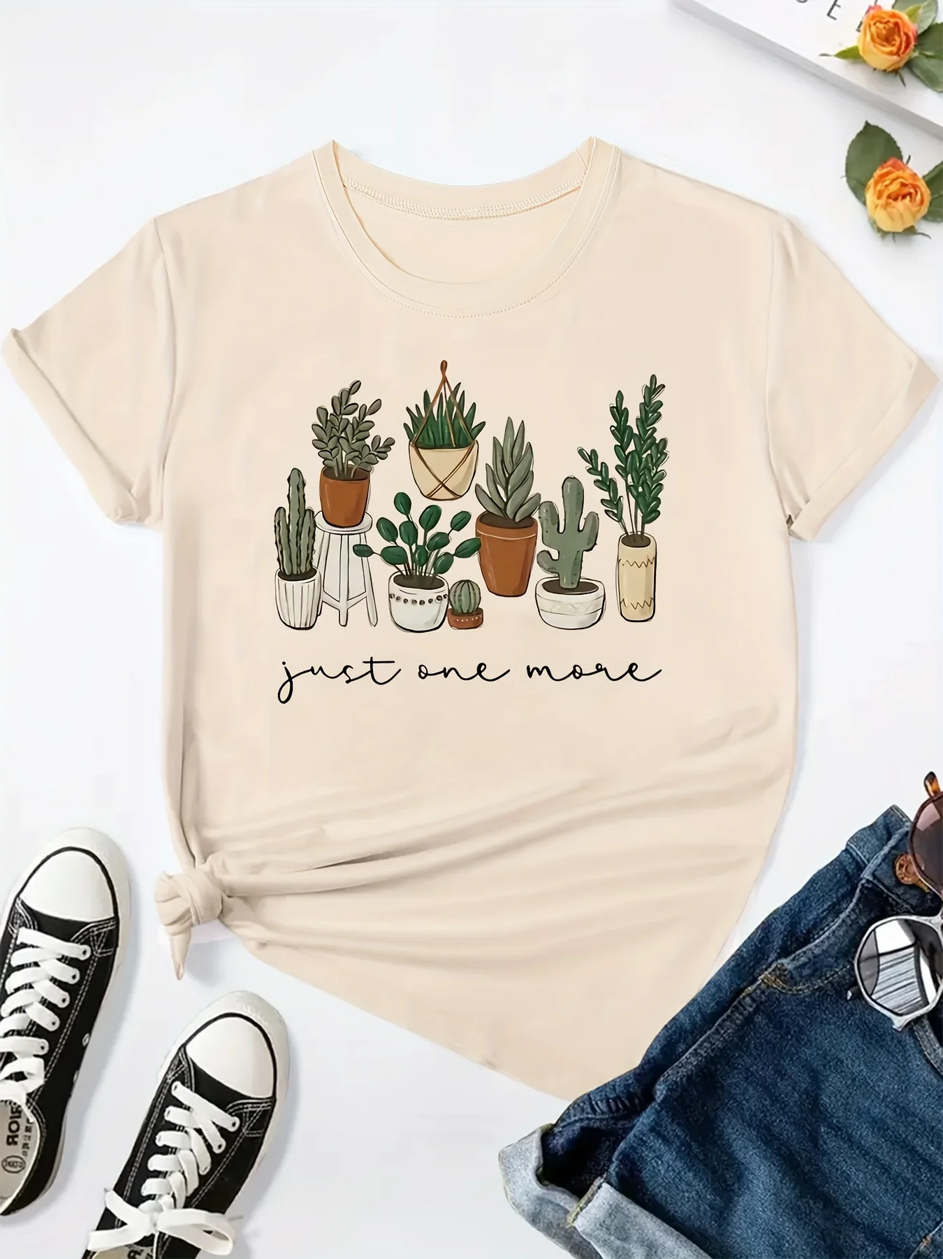 Camiseta de verano con estampado de jardín botánico de Cactus para mujer, Top informal de manga corta con cuello redondo, ropa de verano