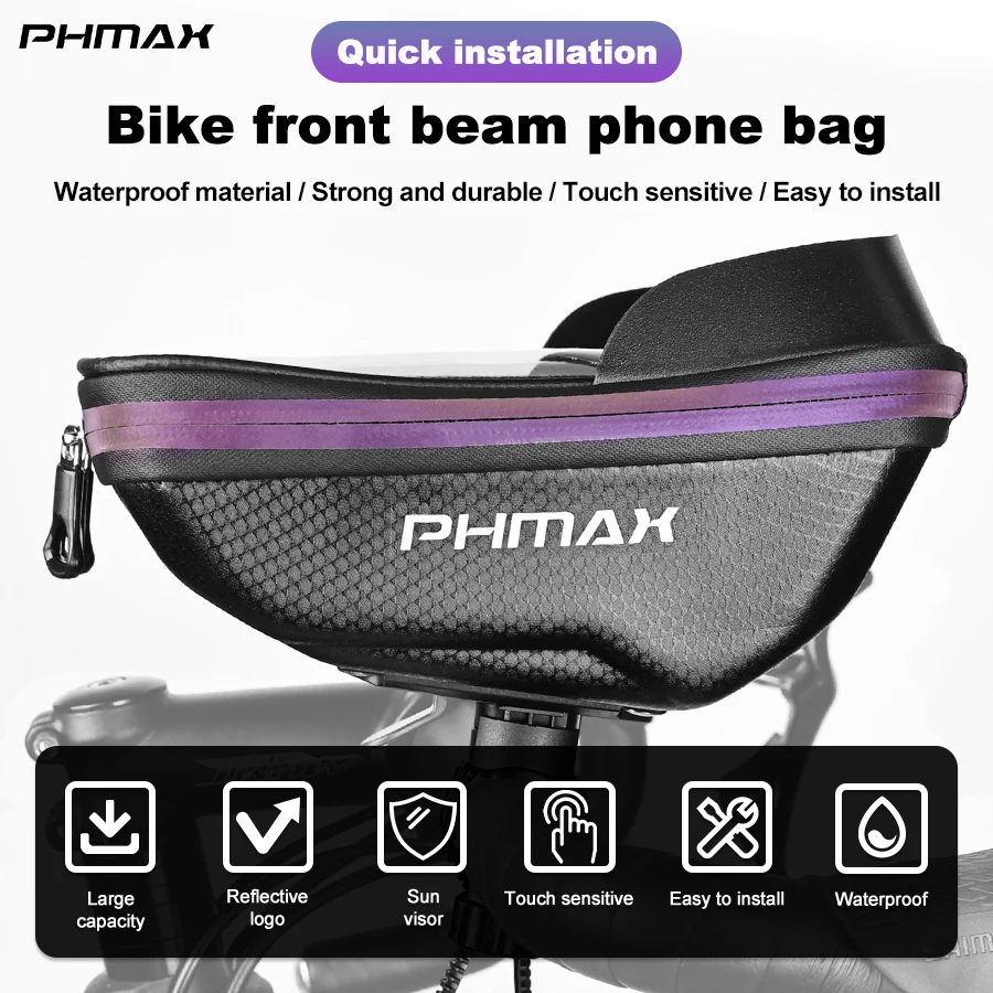 PHMAX Upgraded Bike Phone Handlebar Bag 3D Sun Visor Waterproof Touch Screen Eva Bicycle Phone Mount Bag For Mobile Phones 6.8''