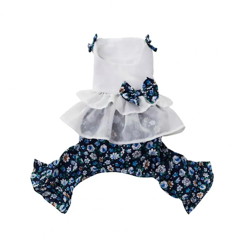 Pet Bodysuit Soft Texture Ruffles Hem Attractive Floral Printed Pet Bowknot Summer Clothes Dog Overalls Decorative