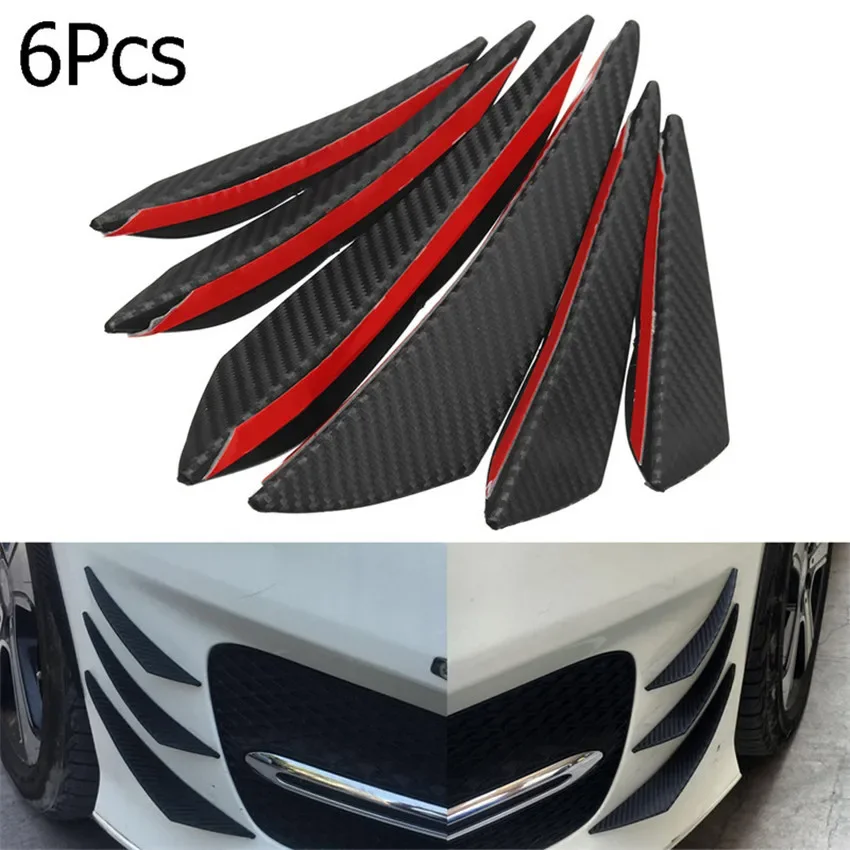 4/6pcs Universal Black Carbon Fiber Car Styling Accessories Front Bumper Lip Rubber Fin Splitter Spoiler Canard Valence Sticker