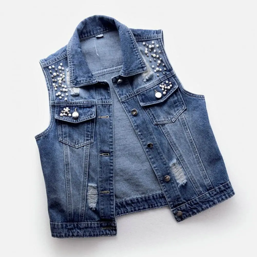 Faux Pearl Beads Women Vest Single-breasted Vintage Cowboy Waistcoat Hole Hip Hop Waistcoat Denim Waistcoat Sleeveless Jacket