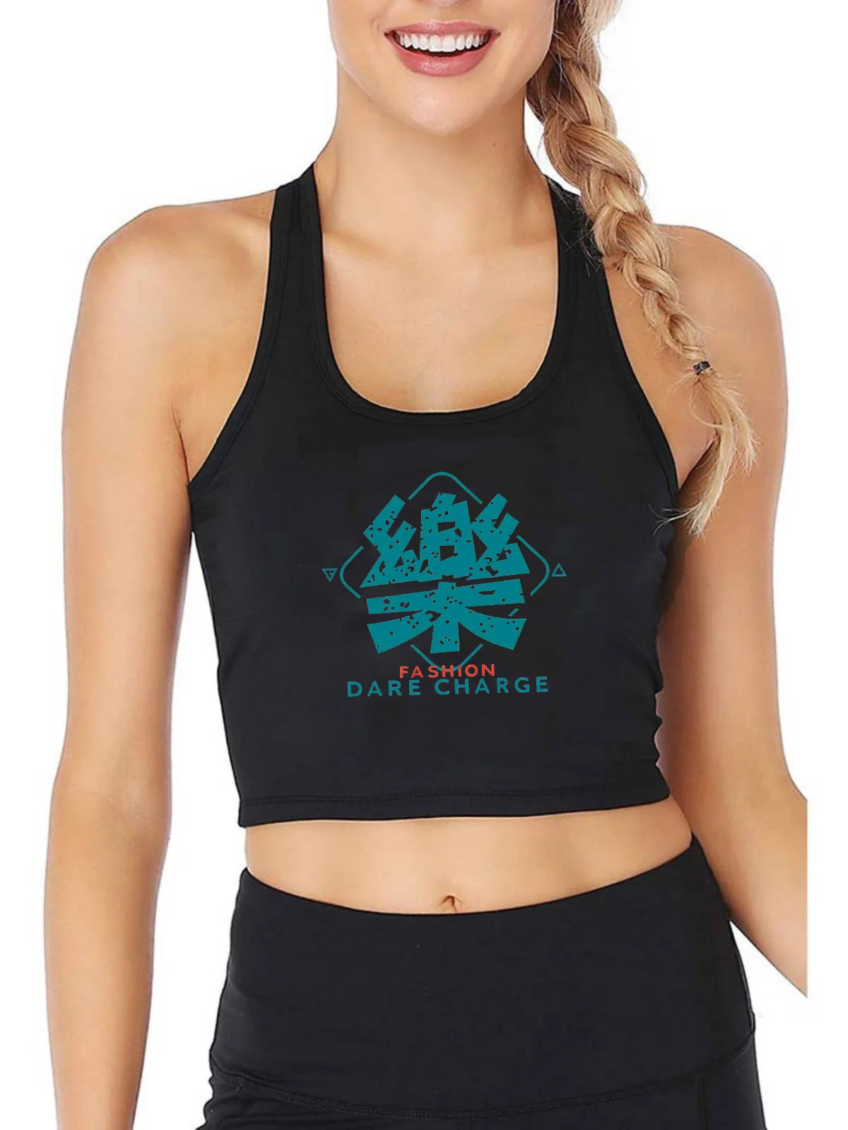Happy Chinese Print Breathable Slim Fit Tank Top Women's Yoga Sport Training Crop Tops Summer Camisole