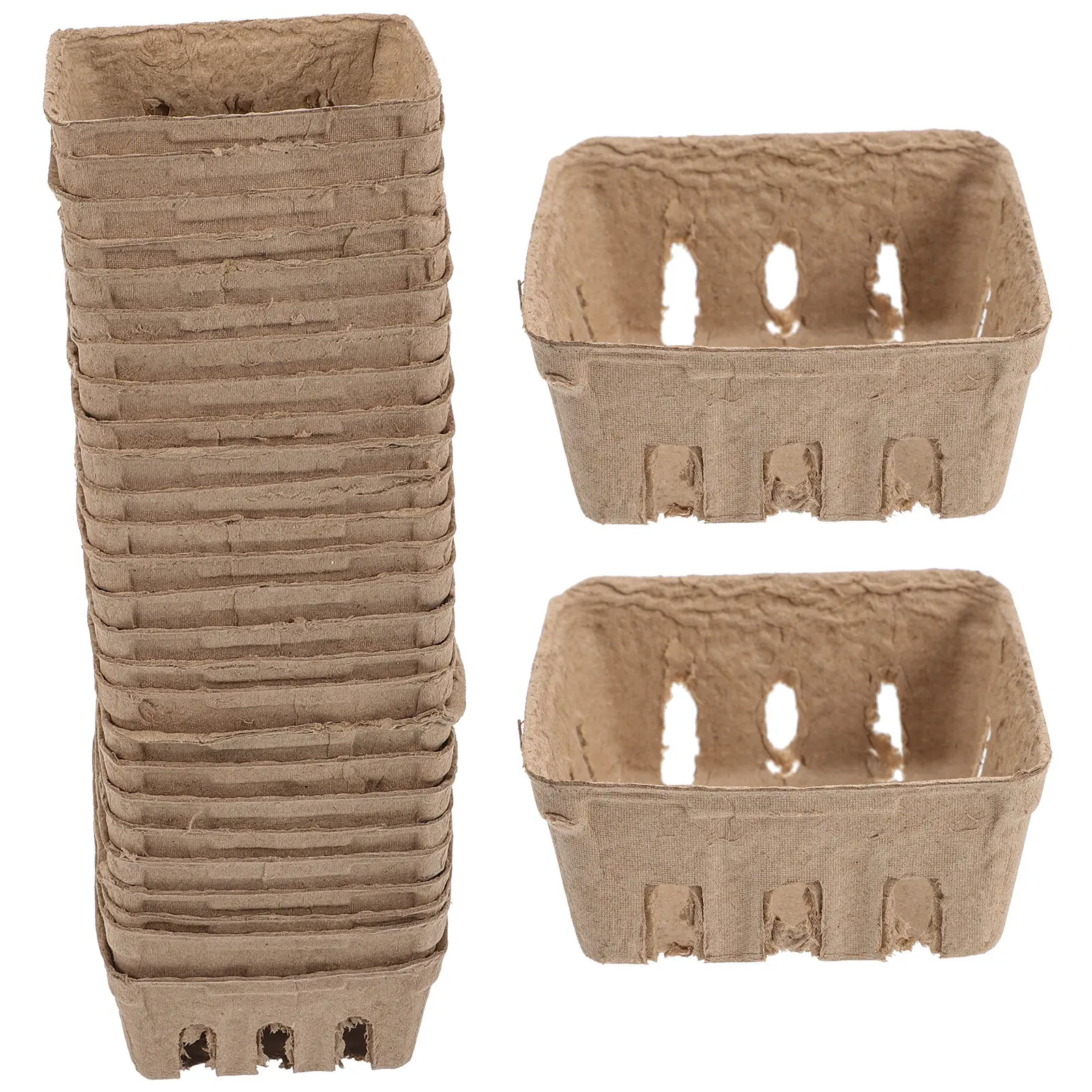 50pcs Paper Berry Baskets – Rustic Pulp Fruit Trays for Kitchen, Produce Storage & Household Use